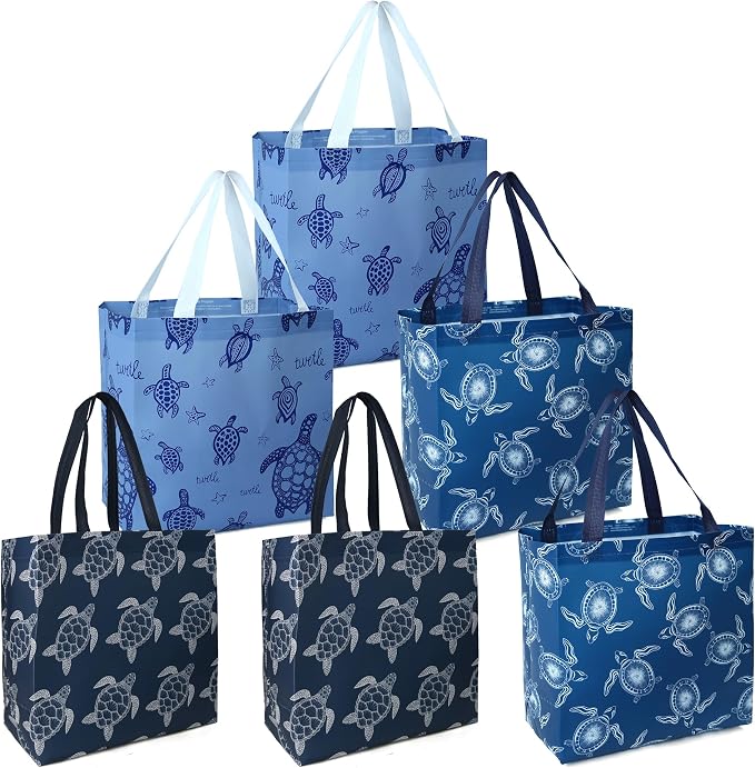BeeGreen Sea Turtle Reusable Shopping Bags For Groceries 6 Pack- Large Foldable Tote Bags- Strong Handles for Heavy Groceries, Perfect for Supermarket, Farmers Market, and Storage Organization by BeeGreen