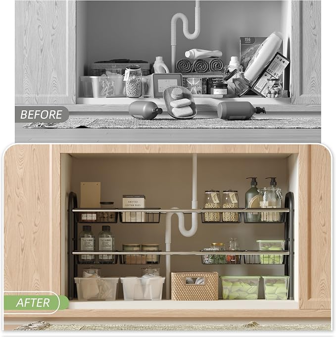 Under Sink Organizers and Storage,Expandable under cabinet organizer Shelf | 2 tier expandable shelf for kitchen and bathroom,8 Baskets,Adjustable partition height,20.7-32.3" W - Image 4