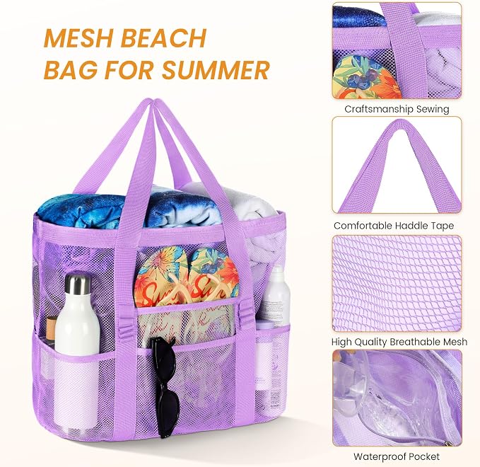 Tavaleu Mesh Beach Bag, Large Capacity Beach Tote, Multi Pockets, Sandproof | Mesh Material, Multiple Storage Pockets, Lightweight & Foldable Design, For Beach & Pool Use, Easy to Clean & Quick Dry - Image 5