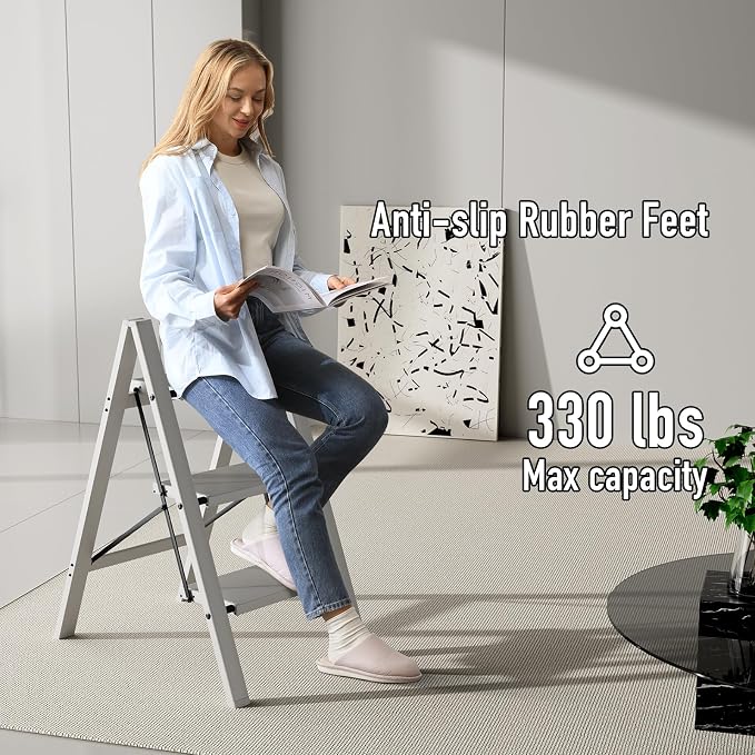 Mayi Plus 3 Step Stool Foldable, Aluminum, Lightweight Step Ladder | Extra-wide anti-slip folding steps with 330 lbs, for home,kitchen,office,outdoor,Grey - Image 4