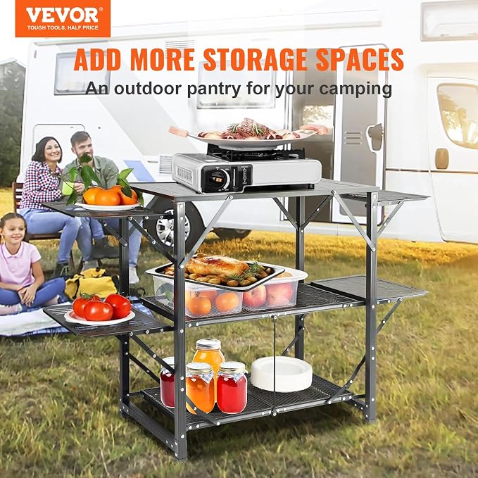 VEVOR Camping Kitchen Table, Aluminum Folding Portable Outdoor Cook Station with 4 Iron Side, 2 Shelves & Carrying Bag, Quick Installation for Picnic BBQ Beach Traveling - Image 4