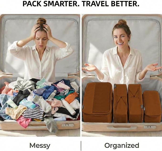 4 Piece Compression Packing Cubes for 3–7 Day Travel, Space Saving Travel Organizers with Breathable Mesh, Double-Zipper Packing Cubes for Carry-On & Suitcases (Brown) - Image 4