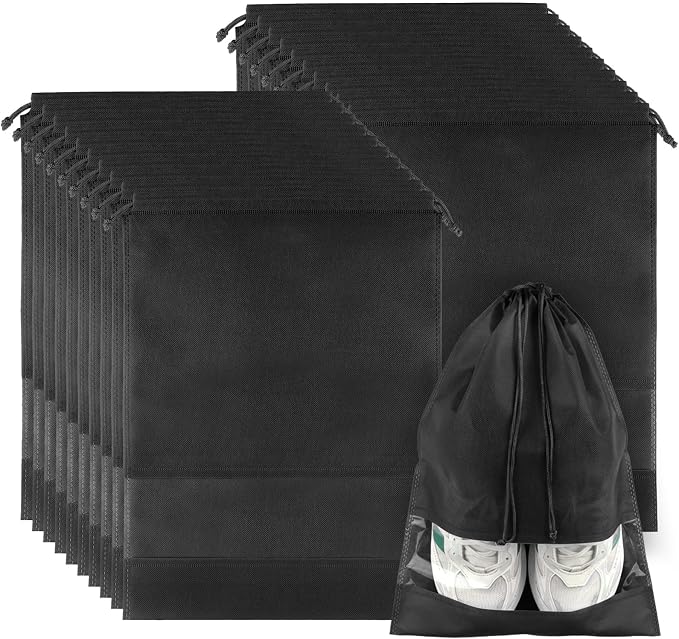 20 Pack Shoe Bags for Travel, Large Travel Shoe Bag for Packing with Window | Dustproof Drawstring Travel Shoe Storage Bags Travel Essentials for Men & Women, Black by COIDEA