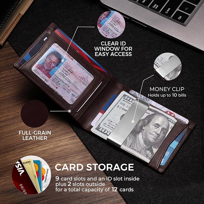 Zitahli Genuine Leather Wallet for Men 12 Card Slim Mens Wallets Bifold RFID Blocking with Money Clip & ID Window Thin Minimalist Card Holder Wallet with Gift Box - Image 3