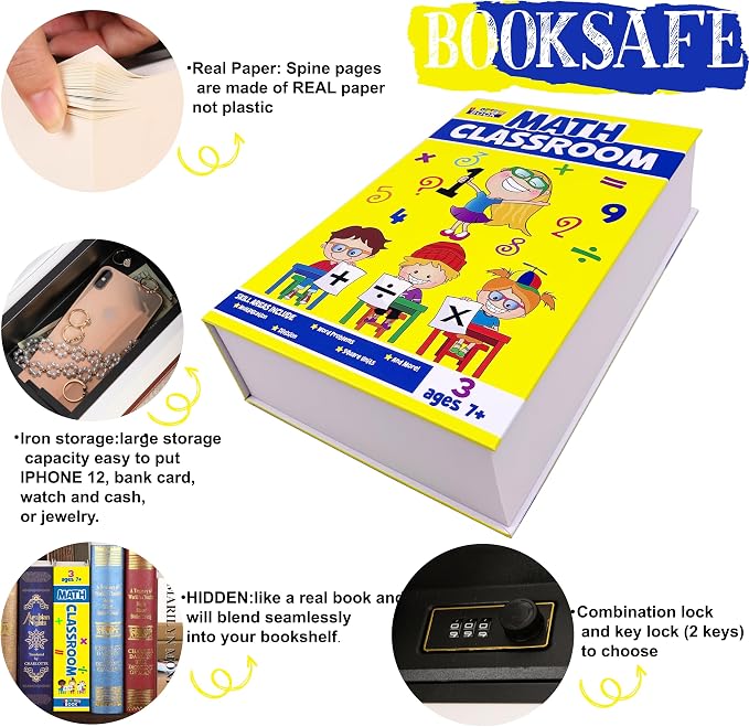 Blue Band Math Classroom Book Safe with Real Pages, Student Secret Compartment Items Storage Box with Classic Key Lock, Decorative Hidden Stash Box, Desk Allowance Coin Bank, 9.3"x6.0"x2.3" - Image 4