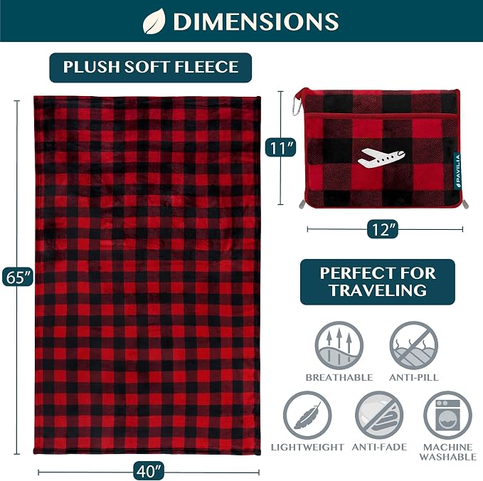 PAVILIA Travel Blanket and Pillow, Soft Ribbed Fleece Airplane, Plaid Red | 65x40, Compact Packable Plane Throw with Bag, Luggage Strap and Back Pocket, Cozy Flight Essentials Travelers Camping Gift - Image 6