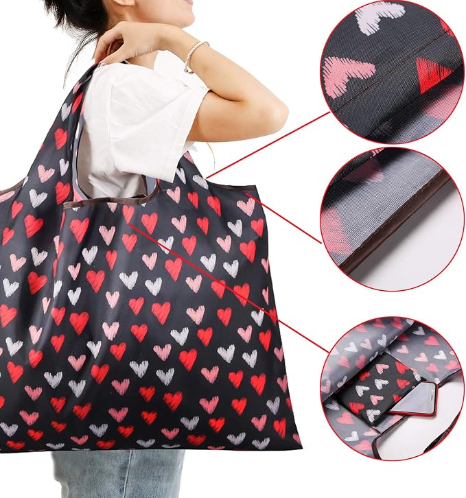 Reusable Grocery Bag, 2 Packs Large Washable | Foldable Eco Friendly Nylon Heavy Duty Fits in Pocket Shopping Tote Bag (Heart) - Image 4