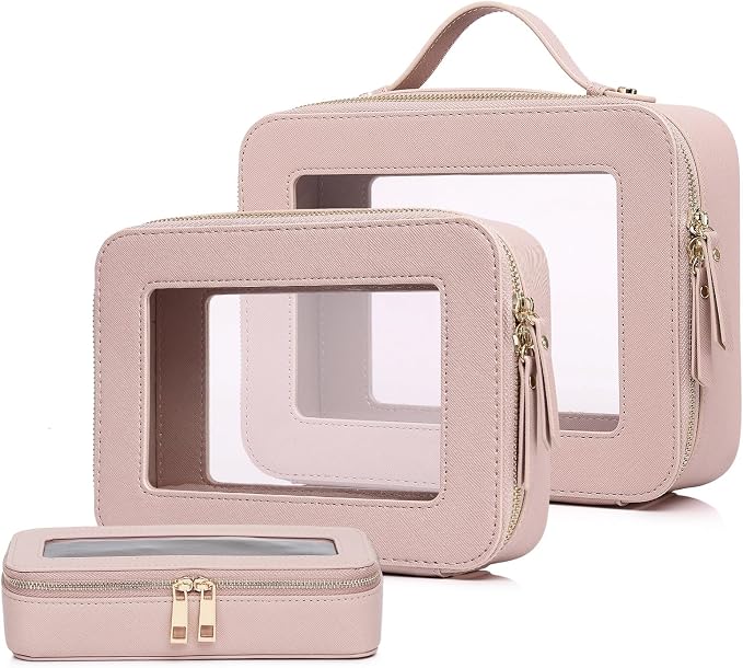 Pinkmik Clear Makeup Bag, (Pink, L+M+SLIM), 3pcs | With Brush Bag, Waterproof Travel Case, For Cosmetics and Toiletries, With Zipper by Pinkmik