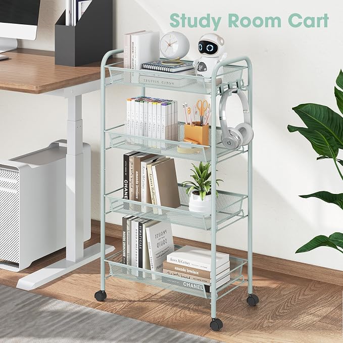 TOOLF 4 Tier Rolling Cart, Metal Utility Storage Cart with Wheels, Green | 3 Hooks, Screwless Assembly, Trolley Organizer for Bathroom, Kitchen, Office, Nursery, Dorm, Laundry Room - Image 7