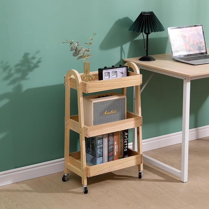 3-Tier Rolling Craft Cart, light-colored wood, Sturdy, Waterproof, with Wheels, for Kitchen, Bathroom, Laundry - Image 6