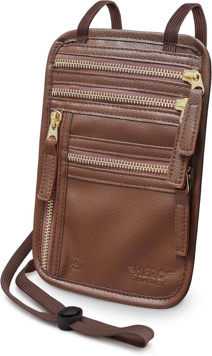 HERO Neck Wallet - RFID Blocking Passport Holder, Easy to Conceal Travel Pouch (Vegan Leather Brown) by HeroTravelSupply
