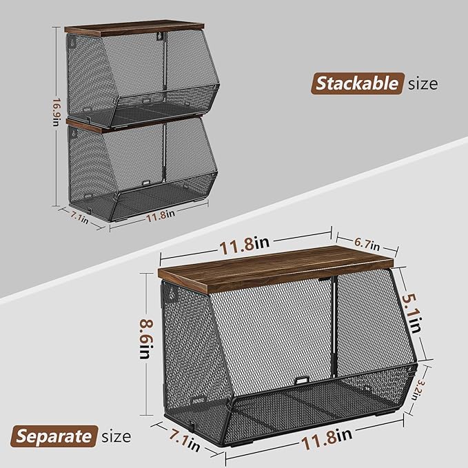 Litwaro Fruit Basket Wire Baskets with Wood Lid, Wall Mounted Produce Basket for Snack, Fruit and Vegetable Storage, Countertop Onion and Potato Storage, 3 Pack Stackable Kitchen Counter Organizer - Image 5