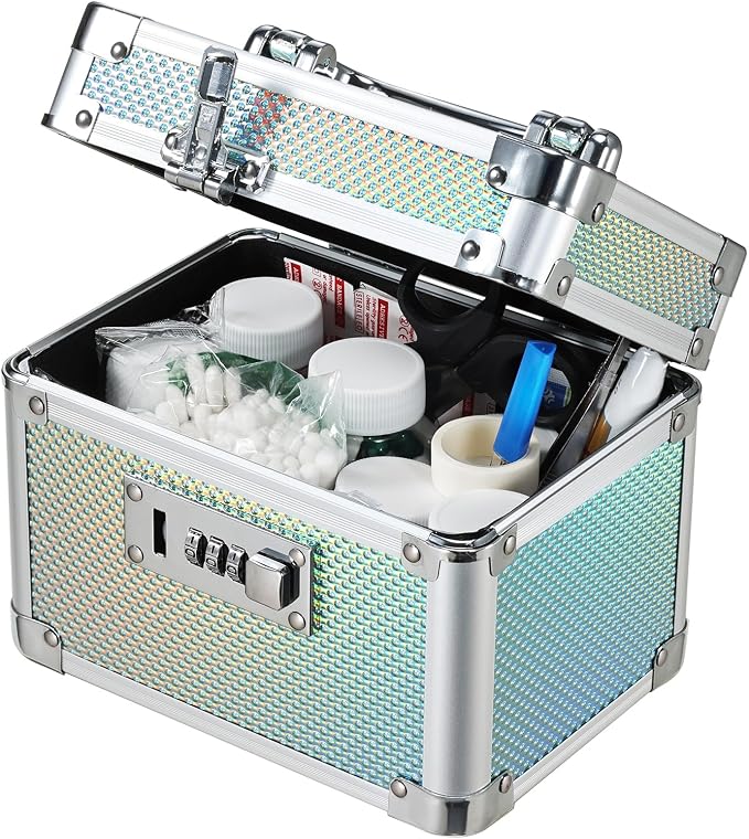 Lockable Medicine Storage Box - Shiny Turquoise Cabinet Med Lock Organizer, 7 * 5.25 * 5.75 Inches Safe Case with Combination Lock for Home, Dorm, Office, or Travel - Mini Size by AdazzoRollingMakeupCase