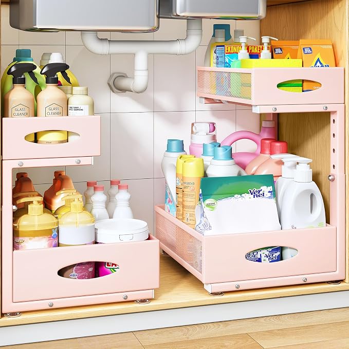 Under Sink Organizer, 2 Pack 2 Tier Pull Out Under Cabinet Organizer Shelf with Pad for Framed Cabinets, Metal Slide Out Under Sink Storage, Mesh Sliding Drawers for Kitchen Bathroom Laundry, Pink by PXRACK