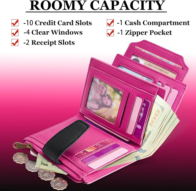 Small Wallet Women RFID Blocking Soft Leather Bifold Compact Card Holder Wallet for Women with Zipper Coin Pocket 4 ID Window - Image 3