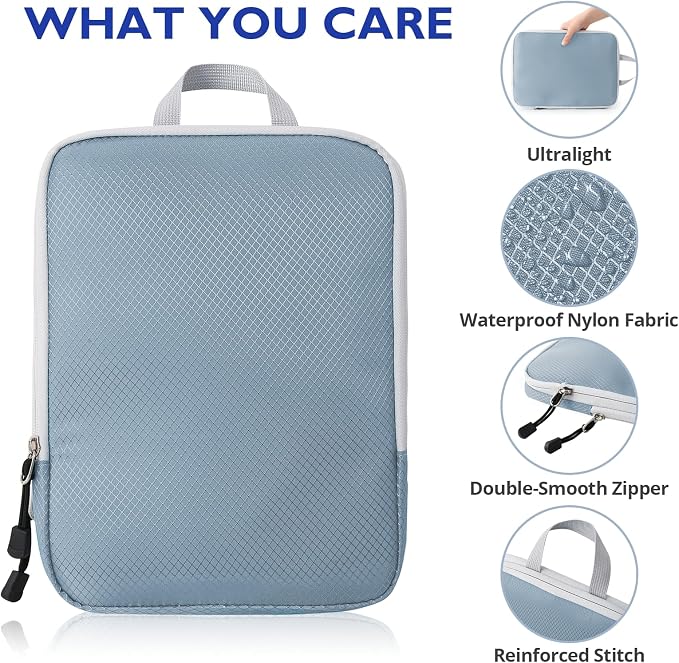 Compression Packing Cubes, 10 Set Packing Cubes for Travel Compression, Lightweight Compressible Package Organizer for Carry On and Suitcases, LakeBlue and Grey - Image 2