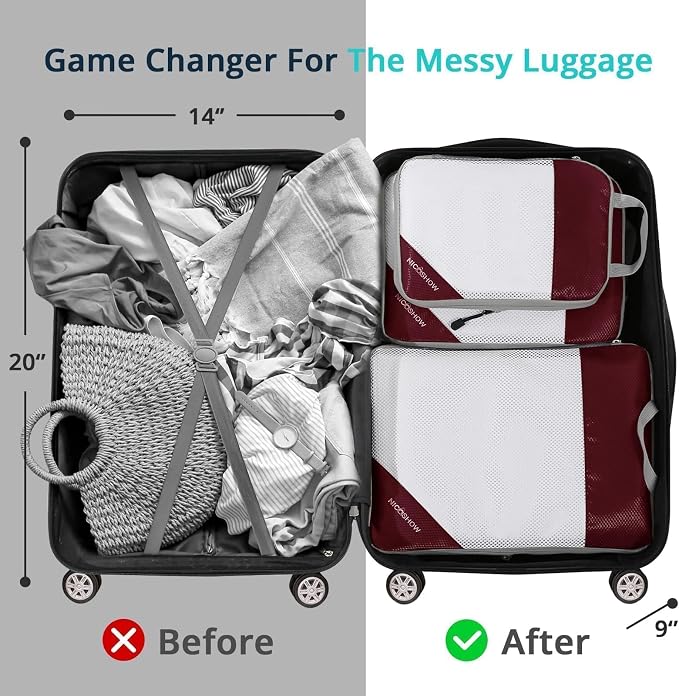 3 Set Compression Packing Cubes for Travel - Compressible, Lightweight, and Space-Saving Packing Cubes, Travel Essentials for Women, Wine - Image 6