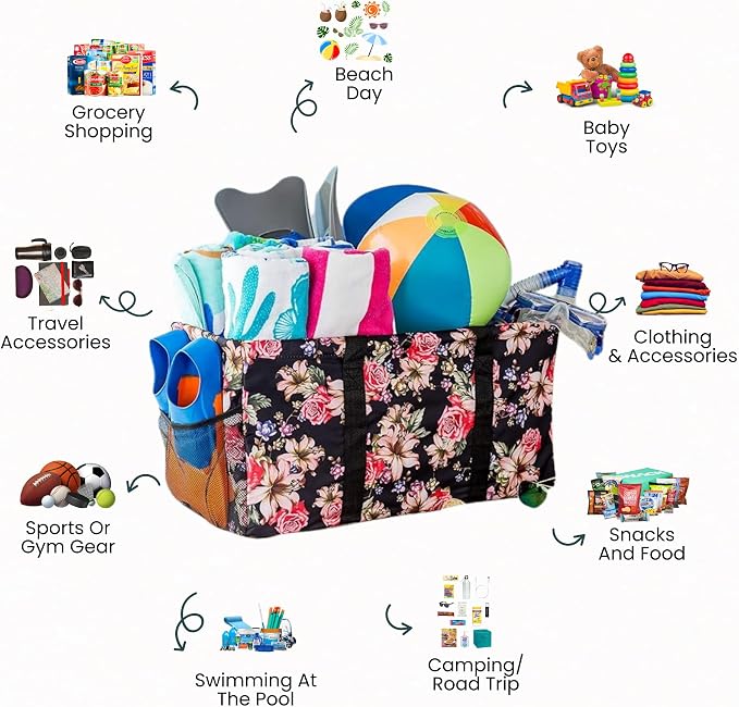 Extra Large Utility Tote Bag, Oversized Collapsible Reusable Wire Frame Rectangular Canvas Basket With Two Exterior Pockets For Beach, Pool, Laundry, Car Trunk, Storage - Rose - Image 3