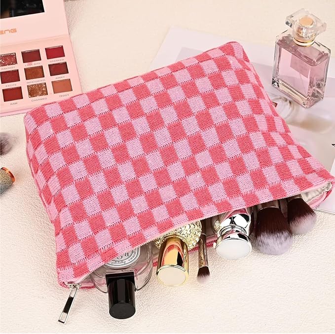 Cosmetic Bags for Women - Corduroy Cosmetic Bag Aesthetic Women Handbags Purses Smile Dots Makeup Organizer Storage Makeup Bag Girls Case Bags (Q-Checkered Khaki) - Image 6