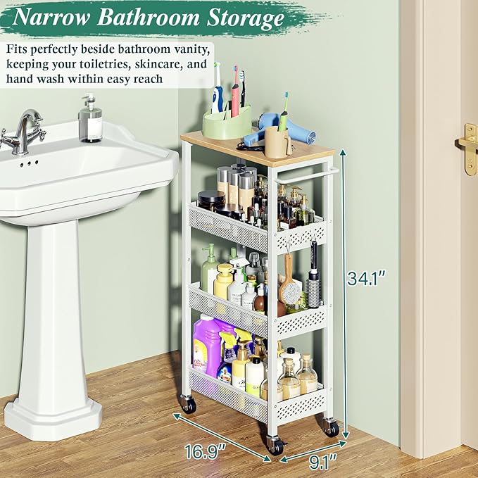 OKZEST 4-Tier Slim Rolling Storage Cart for Laundry Room, Bathroom, Kitchen | Upgraded metal hub casters, Narrow utility cart for small space/gaps, Premium wood top & metal mesh shelf, with handle & hook - Image 6