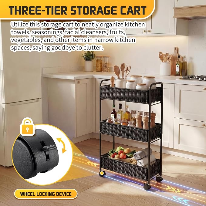 Utility Slim Storage Cart,3-Tier Rolling Kitchen Office Laundry Room Cart,Mobile Shelving Unit Organizer for Living Room Bathroom Baby Diaper Narrow Places (Black, 3 Tiers-7.1 inch (W)) - Image 5