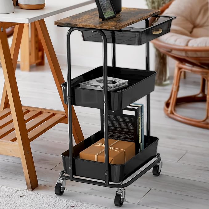 Simple Houseware 3-Tier Utility Cart with Drawer & Wood Top, Rustic Brown | Mobile Sofa Side Table, Nightstand, Slim Storage Organizer Trolley for Bedroom, Bathroom, Office & Art Supplies - Image 2