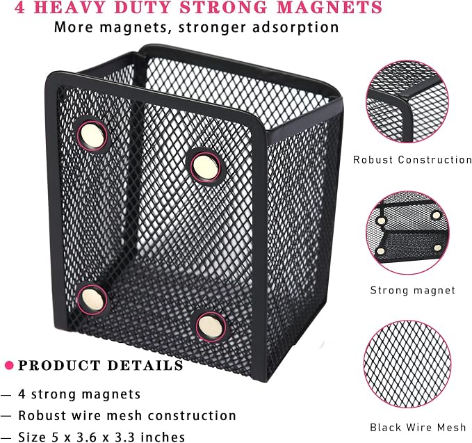 Large Magnetic Pen Holder, Magnetic Basket 4 Strong Magnet Pencil Holders Locker Accessories for Refrigerator Whiteboard Black(3.7x2.7x5 In) | Magnetic Basket Locker Accessories for Refrigerator Whiteboard Black(3.7x2.7x5 In) - Image 2