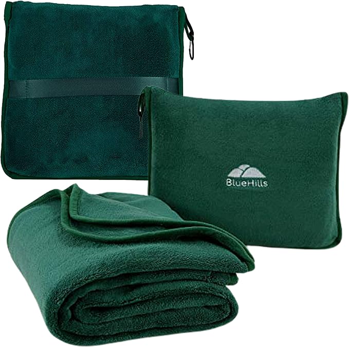 BlueHills Premium Soft Travel Blanket Pillow Flight Traveling - Dark Green | Soft Bag Pillowcase with Hand Luggage Belt & Backpack Clip, Compact Portable Throw Blanket for Airplane Cruise Travel Comfort by BlueHills
