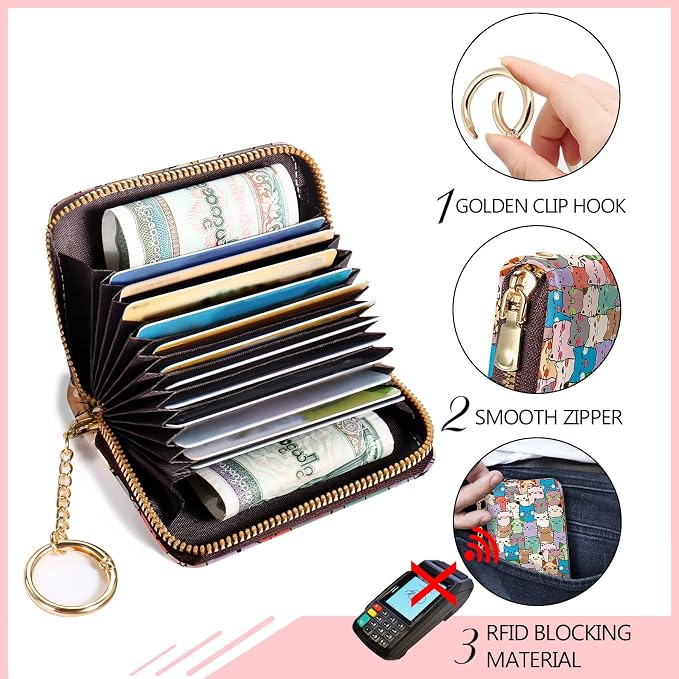 Blusabaca RFID Credit Card Holder Small Women Travel Wallet, Cute Cats | Removable Keychain, Case with Zipper, Vegan PU Leather, Cash Coin Pocket, Business Accordion Purse, Ladies Female Gift - Image 5