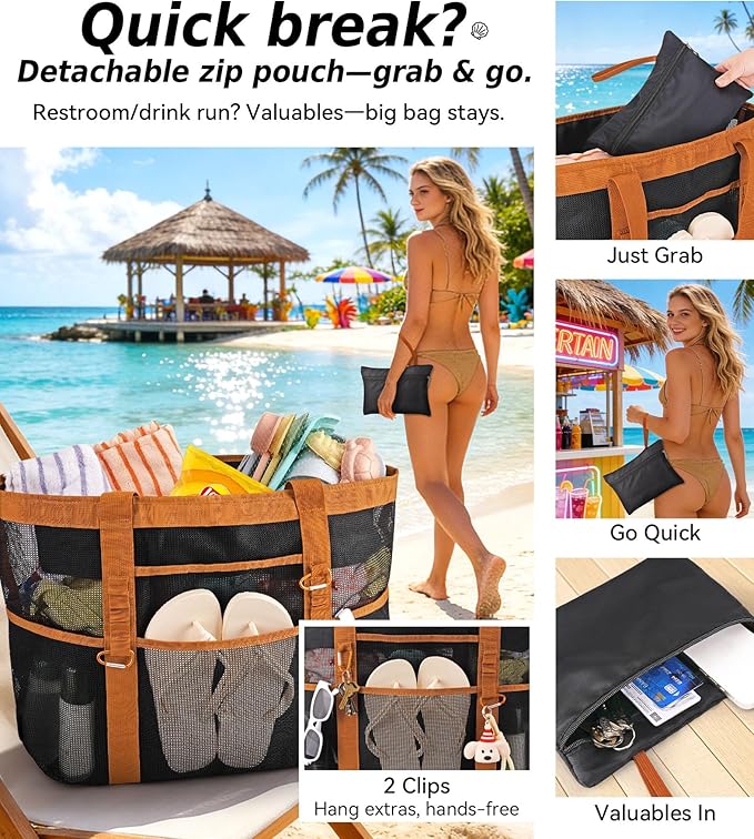 Chic Cruise Essentials Beach Bag for Women, Large Zip Top Tote, 11 Pockets | 40L+ Spacious;Mesh × Canvas;Zipper Pouch;Secure Zip-Top;Sand-Resistant Base - Image 5