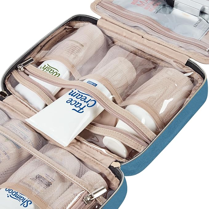 NISHEL Travel Toiletry Bag for women, Portable Hanging makeup Organizer | for Travel-Sized Shampoo, Conditioner, Brushes Set, makeup Accessories, Medium Size, Lake-Blue - Image 6