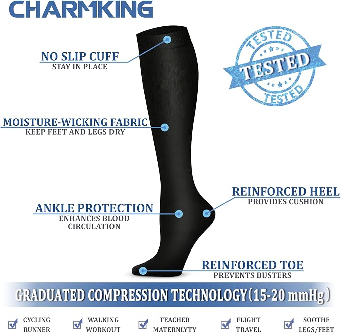 CHARMKING Compression Socks for Women & Men Circulation (3 Pairs) 15-20 mmHg is Best Support for Athletic Running Cycling - Image 7