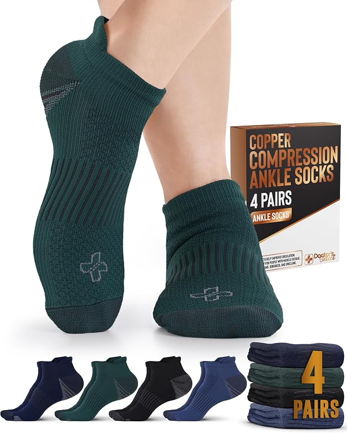 Doctor's Select Copper Ankle Compression Socks for Women and Men - 4 Pairs | Athletic Running Plantar Fasciitis Socks by DoctorsSelect