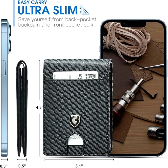 GSOIAX Slim Wallet for Men RFID Blocking Bifold Wallet Carbon Fiber Front Pocket Wallet with 11 Card Holder Minimalist Mens Wallet with Gift Box(Carbon Black) - Image 2