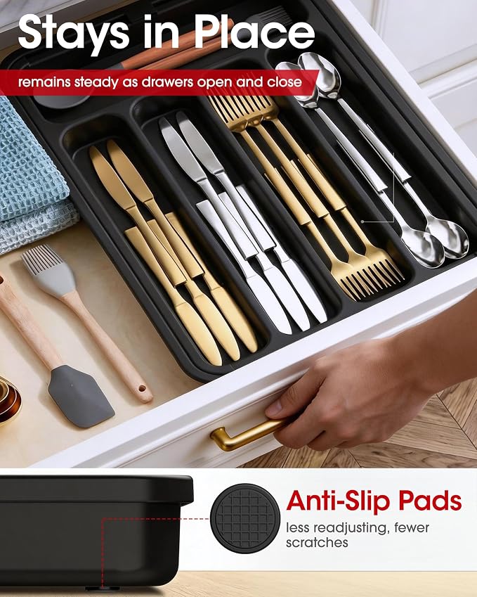 Aujen Silverware Drawer Organizer, Adjustable Utensil Cutlery Tray | Expandable Kitchen Organizer for Forks Knives, Multipurpose Kitchen Storage, Apartment Essentials, Black, Medium - Image 7