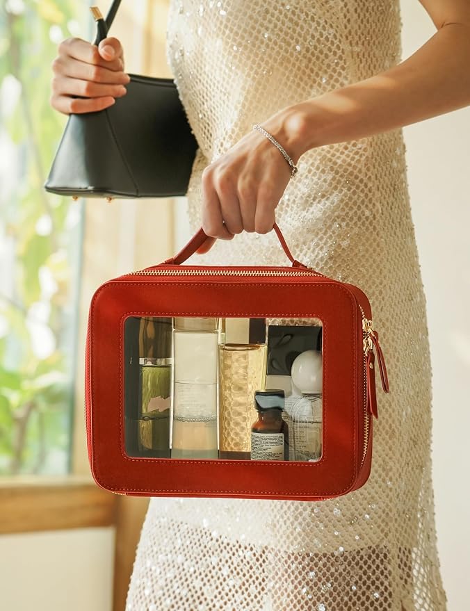 Clear Large Makeup Bag Mahjong Tile Bag with Zipper and Handle Red | Structured Large Travel Makeup Bag for Toiletries for Women, Big Long-trip Cosmetic Case, Waterproof PU Leather, Wide Opening - Image 2