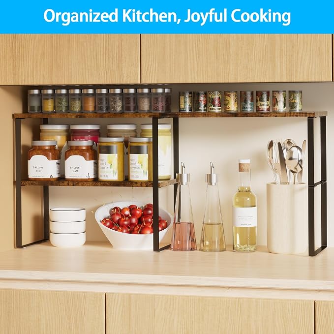 Golener Kitchen Counter Organizer, Countertop Shelf, Adjustable, Stackable | Kitchen Countertop Organizer, Spice Rack, 2-Tier Countertop Shelves, Corner Desk Shelf, Corner Counter Shelf, Rustic Brown - Image 3
