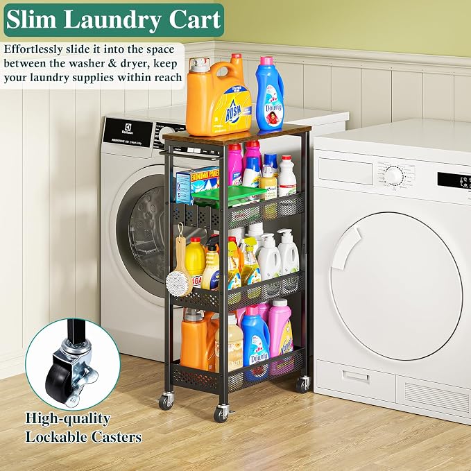OKZEST 4-Tier Slim Rolling Storage Cart for Bathroom, Laundry Room, Kitchen | Upgraded metal hub casters, Narrow utility cart for small space/gaps, Premium wood top & metal mesh shelf, with handle & hook - Image 4