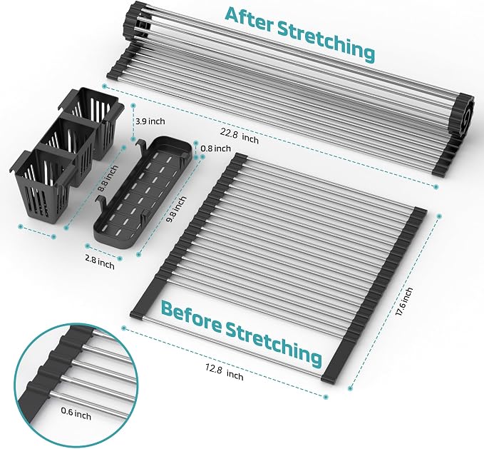 BBXTYLY Extra Large Black Expandable Roll Up Dish Drying Rack Up to 22.8''with 2 Storage Baskets,Over The Sink Kitchen Rolling up Dishes Drainer, Foldable,Rollable - Image 3
