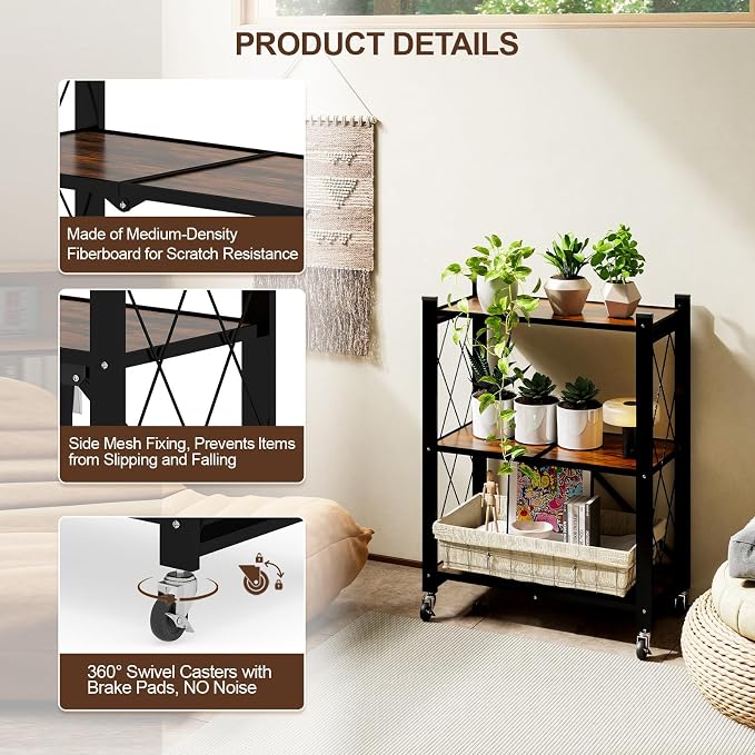 3 Tier Folding Shelf with Wheels, Wood and Metal Bookshelf | No Assembly Foldable Storage Shelves, Vintage Storage Rack for Living Room, Bedroom, and Home Office - Image 4