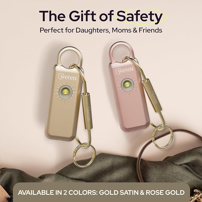 Personal Safety Alarm Keychain for Women, 130dB, LED Light, Gold Satin | USB-C Rechargeable, Bottom Speaker Siren, Wristlet and Carabiner Clip, Weatherproof, Low Battery Alert - Image 7