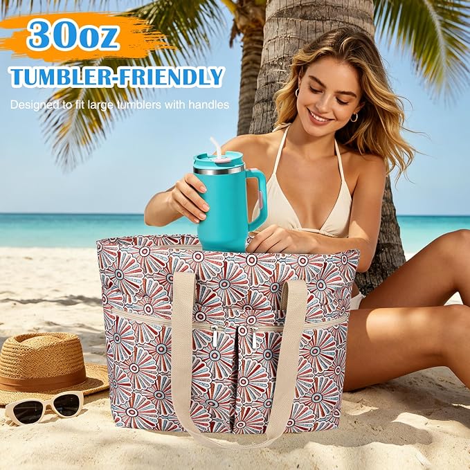 HUANLANG Large Beach Bags for Women Pool Bag with Zipper, Waterproof Sandproof Beach Tote Travel Bag with Wet Pocket - Image 2