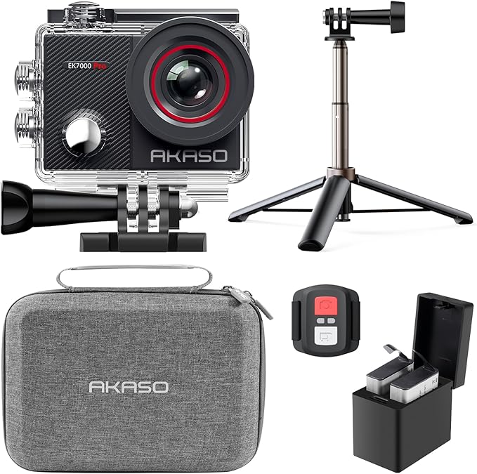 AKASO EK7000 Pro 4K30fps 20MP Action Camera EIS Ultra HD 131FT Waterproof Underwater Camera with Mini Selfie Stick Tripod and Carrying Case Helmet Accessories Kit Bundle by AKASO