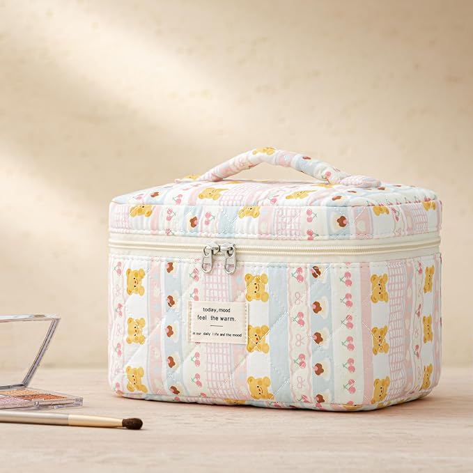 HBselect Quilted Makeup Bag, 3Pcs Cotton Large Travel Makeup Bags Organizer | Cute Floral Make up Bag Cosmetic Bag Toiletry Bag for Women Girls, Makeup Pouch for Skincare, Brushes & Travel Essentials - Image 6