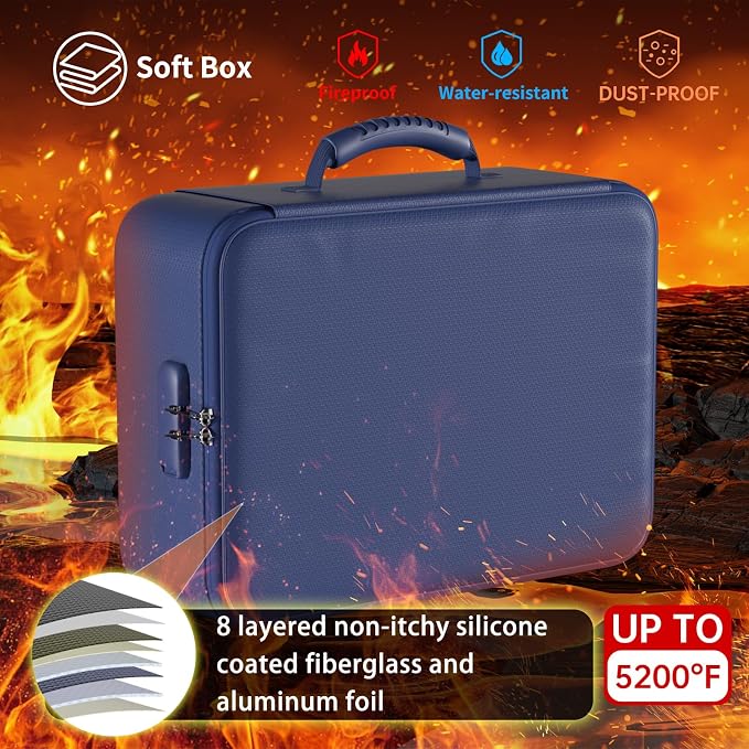 DocSafe 5200°F Fireproof Document Organizer Box with Lock, Blue (Soft) | Heat Insulated 8 Layers File Protection Bag,Water-Resistant Zipper,Portable Home Office Travel Safe Storage for Files,Laptop - Image 2