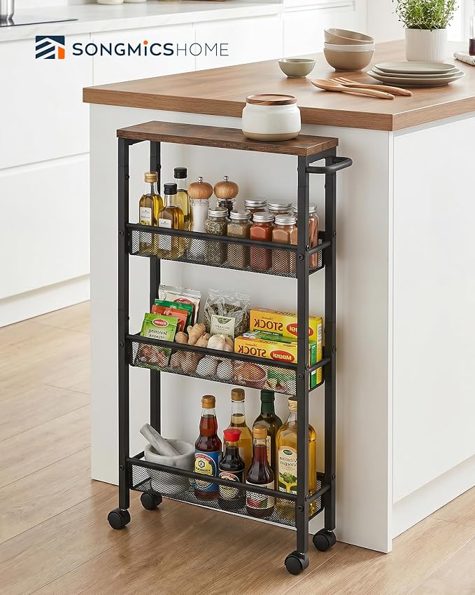 SONGMICS HOME Slim Rolling Cart, 4-Tier Storage Cart with Wheels and Handle, Narrow Utility Cart for Kitchen, Living Room, Brown and Black - Image 2