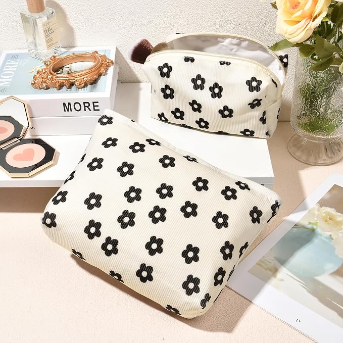 SOIDRAM 2 Pcs Makeup Bag Large Cosmetic Bag Toiletry Bag Makeup Pouch Travel Bag Organizer Cute Makeup Brushes Aesthetic Accessories Storage Bag for Women Black Floral Corduroy - Image 7