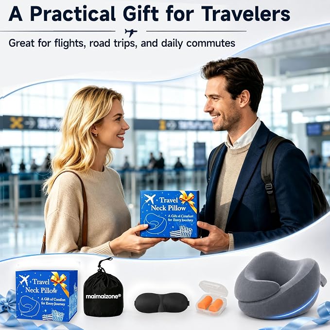 Airplane Travel Pillow, Wrap-Around Neck Support for Long Flights, Gray | Wrap-Around Neck Support Helps Keep Your Head Upright on Long Flights, with Eye Mask and Earplugs - Image 8