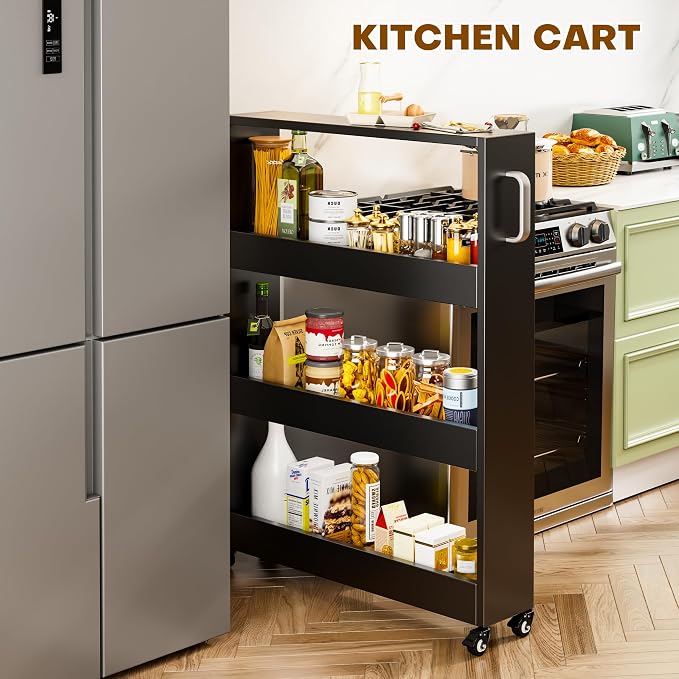 Slim Storage Cart, Lightweight 4 Tier Metal Rolling Utility Kitchen Cart on Wheels, Mobile Storage Shelving Unit Organizer for Bathroom Laundry Office Narrow Places (4 Tier-Black, 6" D) - Image 2