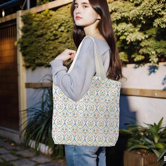 Grandmillennial Blue Floral Tote Bag for Women,Blue Floral Reusable Shopping Grocery Bags - Image 2